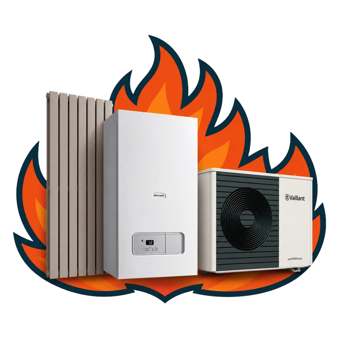 Glow-worm combi boiler, column radiator and Vaillant aroTHERM plus air source heat pump
